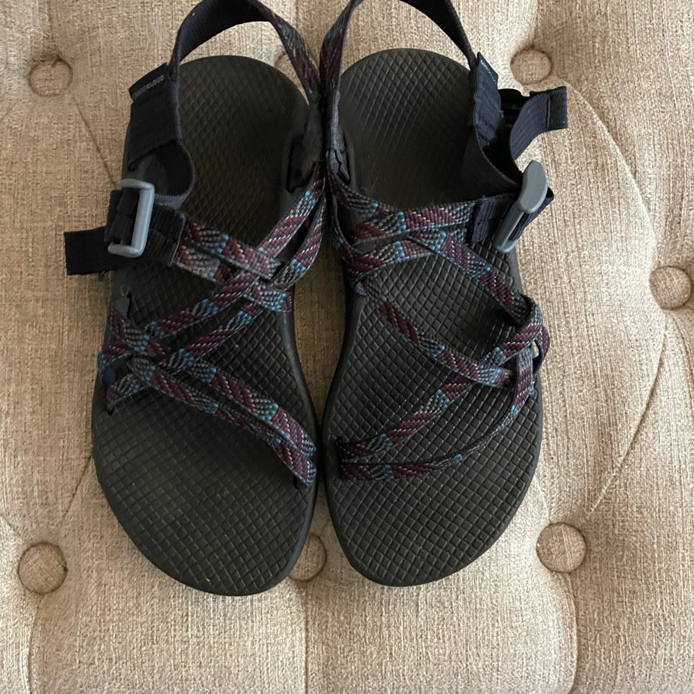 Chaco Women's Sandals in Black with Blue and Burgundy Webbing